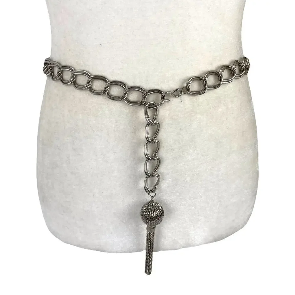 VTG Retro Silver Belt Metal Link Chain Belt Tassel Charm